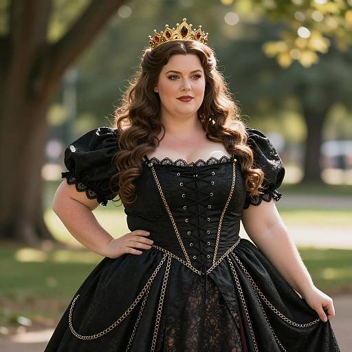 Elegant Woman in Black Victorian Gown with Golden Crown Outdoors