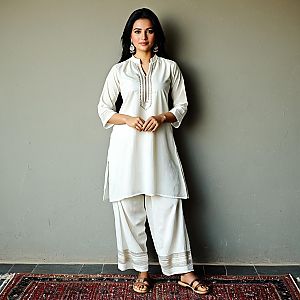 Elegant Woman in White Traditional Kurta and Palazzo Pants