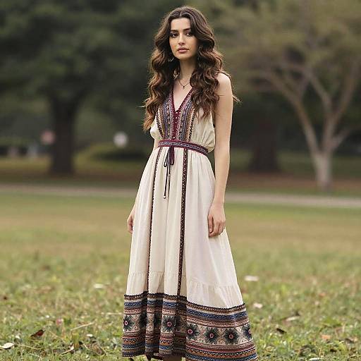 Young Woman Wearing Bohemian Embroidered Dress Outdoors in Nature