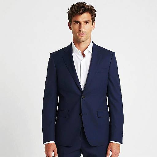 Confident Man in Navy Blue Slim-Fit Suit with White Dress Shirt