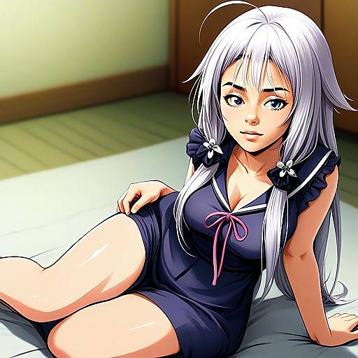 Anime Style Young Woman with Silver Hair in Sailor Outfit Illustration