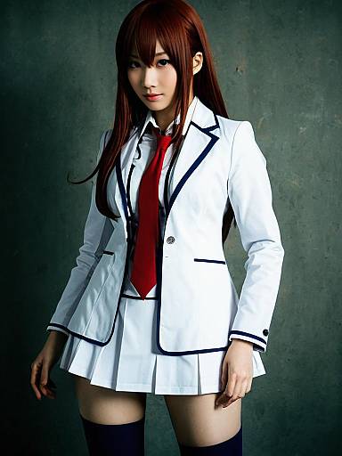 Realistic Kurisu Makise Cosplay Woman in White Blazer and Red Tie