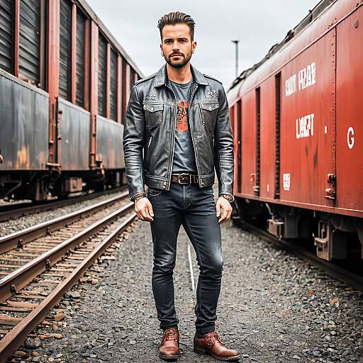 Man in Leather Jacket Standing on Train Tracks with Freight Cars