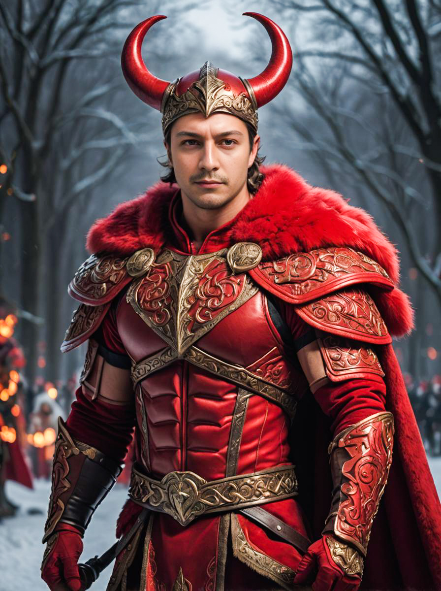 Heroic Man in Red Fantasy Costume with Horned Helmet