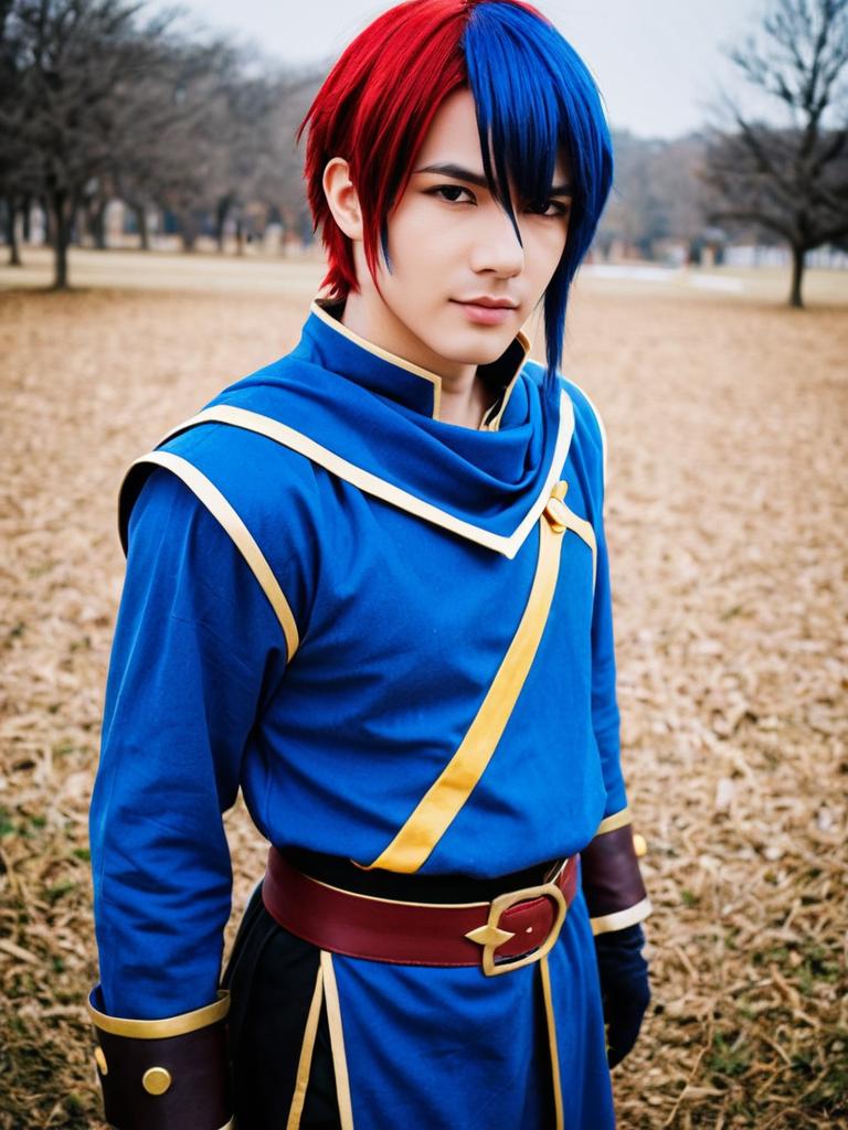 Fire Emblem Male Character Cosplay in Blue Tunic with Red and Blue Hair