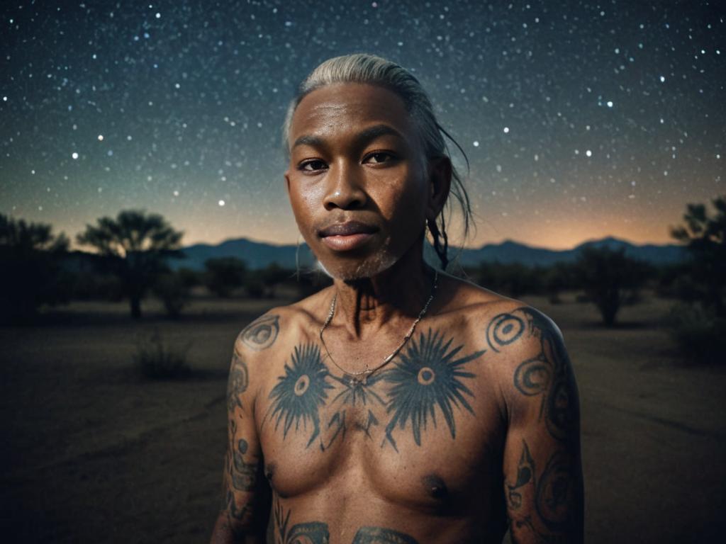 Tattooed Indigenous Man Under Starry Sky