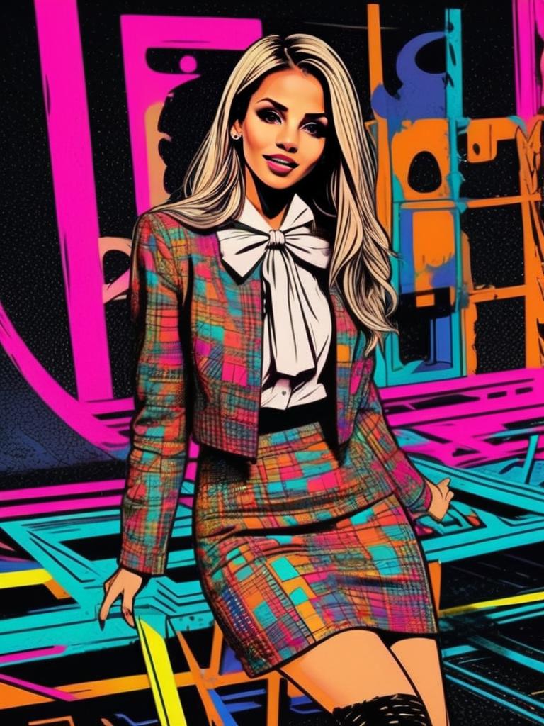 Stylish Woman in Colorful Plaid Suit with Bow Tie Blouse Stylish Woman in Colorful Plaid Suit with Bow Tie Blouse