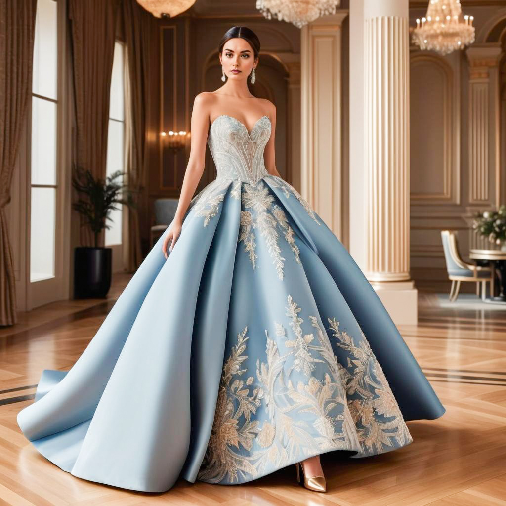 Elegant Woman in Strapless Blue Gown with Floral Embroidery