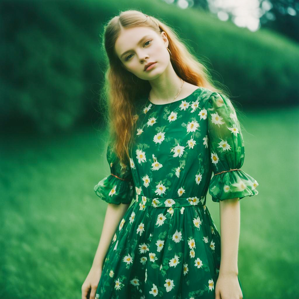 Young Woman in Floral Dress in Lush Greenery