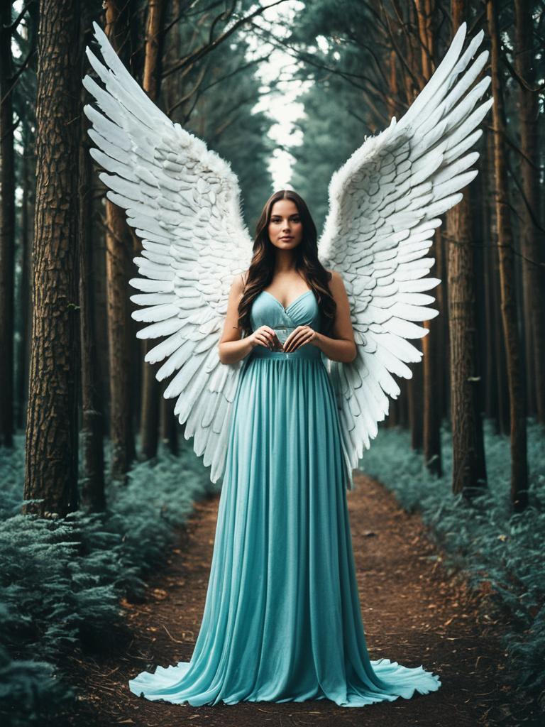 Woman with Extra Large Angel Wings Photorealistic Outdoor Portrait