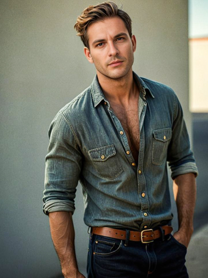 Confident Young Man in Denim Shirt