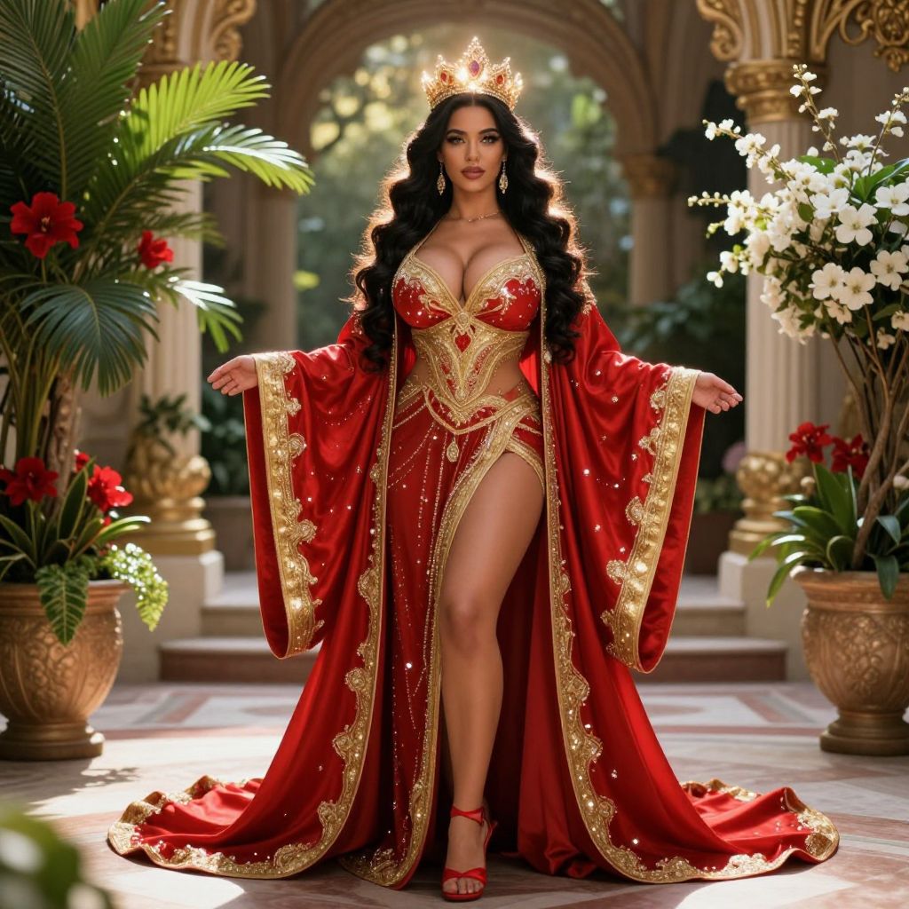 Regal Woman in Red and Gold Gown with Crown in Luxurious Setting