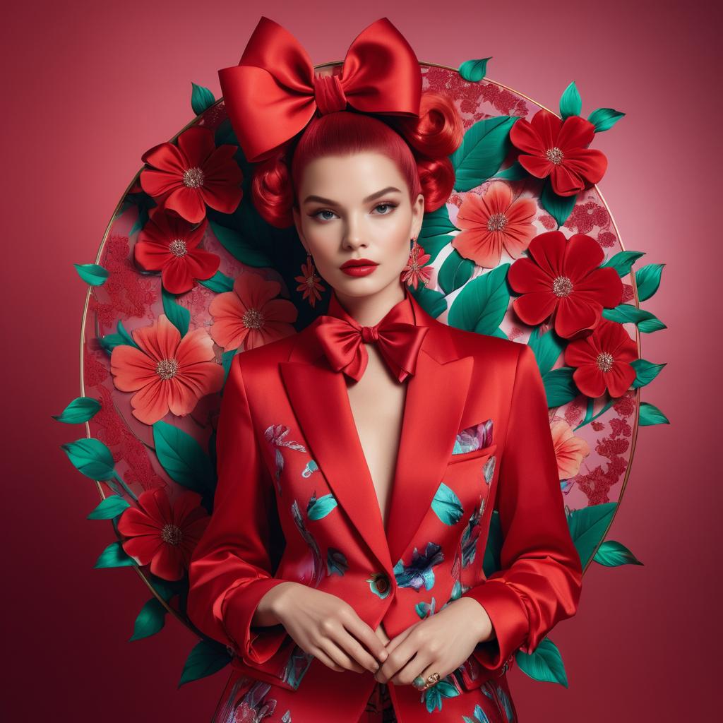 Woman in Red Suit with Floral Details