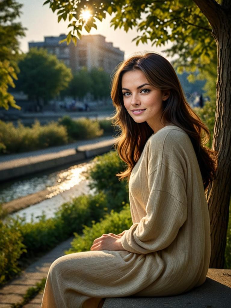 Woman in Beige Dress by Peaceful River at Sunset