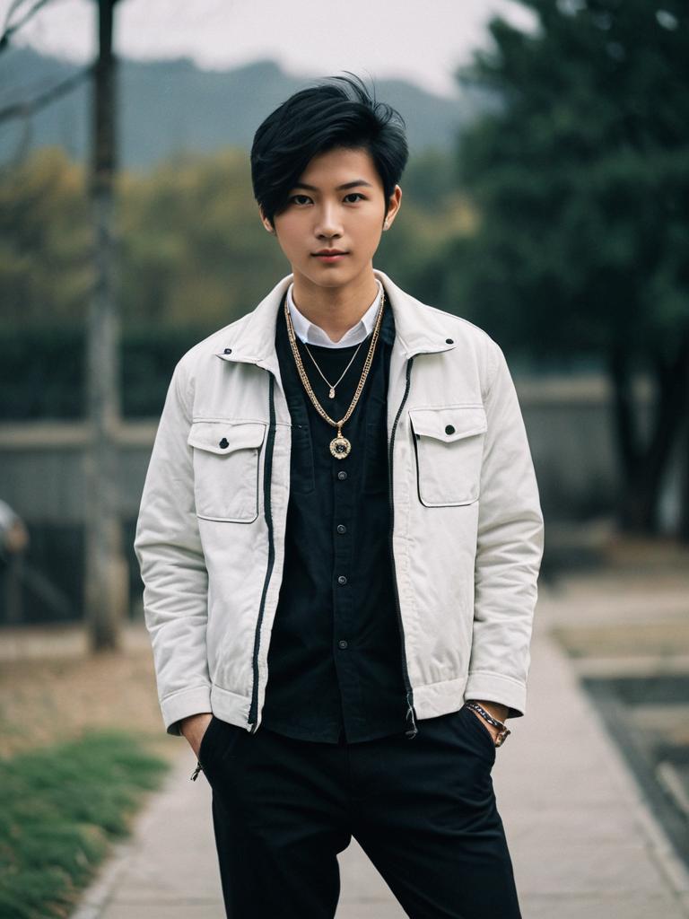Young Man Wearing Stylish Chill Outfit with Jacket and Black Pants