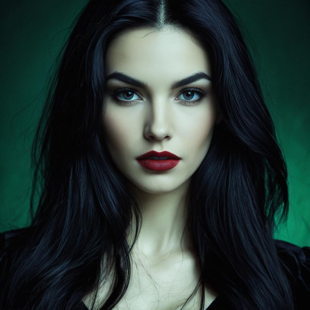 Portrait of Woman with Dark Hair and Red Lips on Green Background