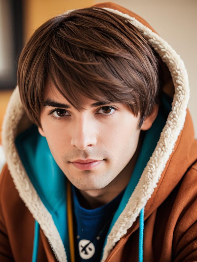 Young Man Wearing Brown Shearling Hoodie in Natural Light