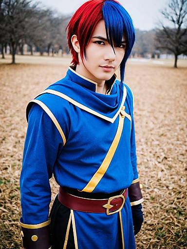 Fire Emblem Male Character Cosplay in Blue Tunic with Red and Blue Hair