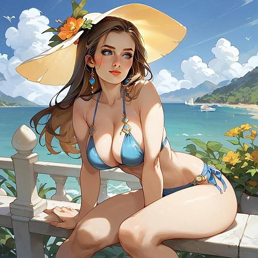Anime Style Woman in Blue Bikini by Seaside with Wide-Brimmed Hat