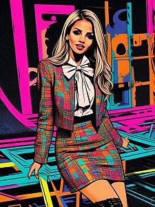 Stylish Woman in Colorful Plaid Suit with Bow Tie Blouse
