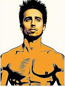 Stylized Shirtless Man Artwork in Orange and Black