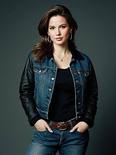 Confident Woman in Denim Jacket and Hoop Earrings - Realistic Fashion Portrait