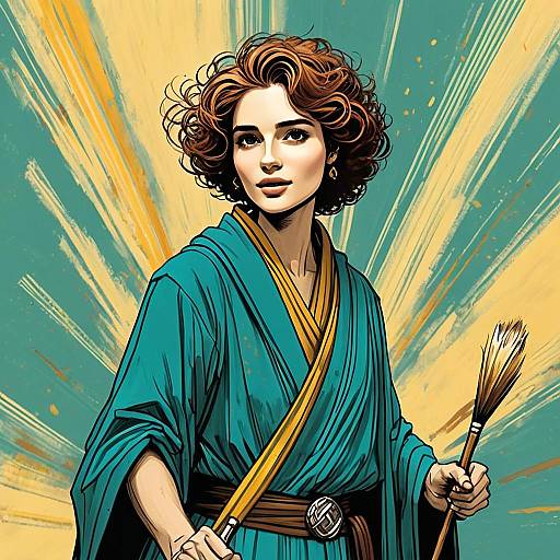 Digital Illustration of Woman Artist in Teal Robe with Paintbrush