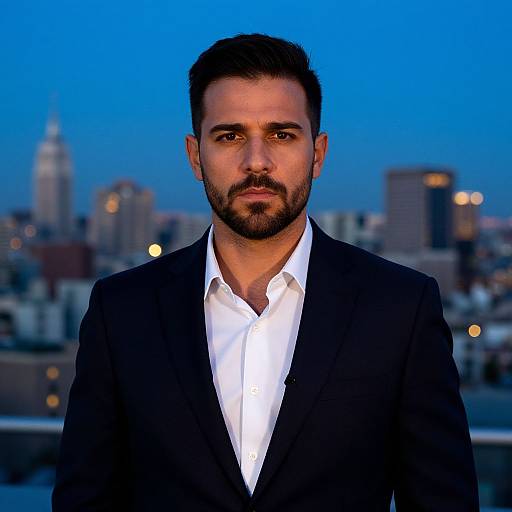 Confident Man in Suit Against City Skyline at Dusk