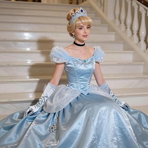 Elegant Woman Dressed as Cinderella in Blue Satin Ball Gown on Marble Staircase