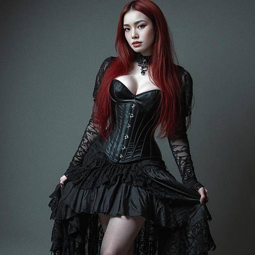Gothic Woman in Black Leather Corset and Lace Skirt with Red Hair