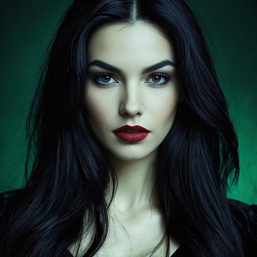 Portrait of Woman with Dark Hair and Red Lips on Green Background