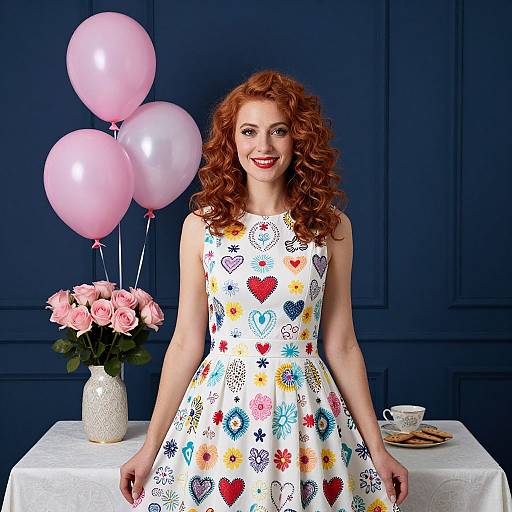 Red-Haired Woman in Colorful Floral Dress with Pink Balloons and Roses