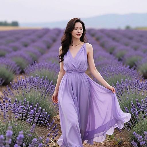 Woman in Flowing Lavender Dress Walking Through Lavender Field