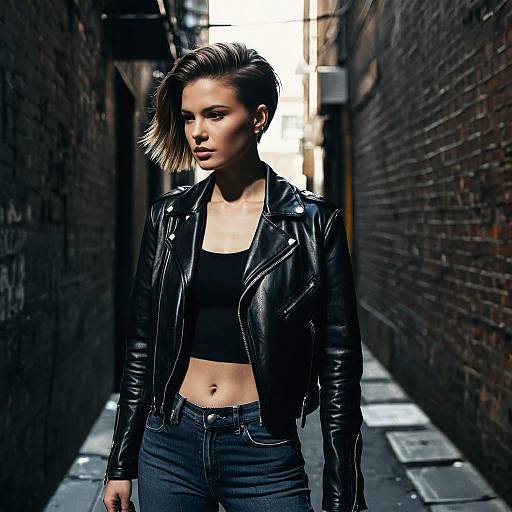 Young Woman Wearing Black Leather Jacket in Urban Alleyway