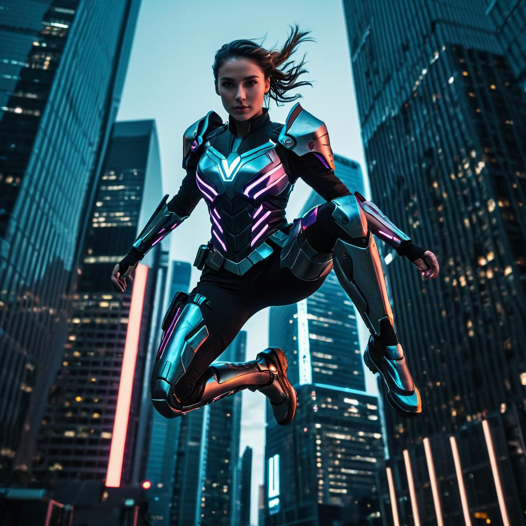 Futuristic Woman in Neon Armor Leaping in Cyberpunk Cityscape