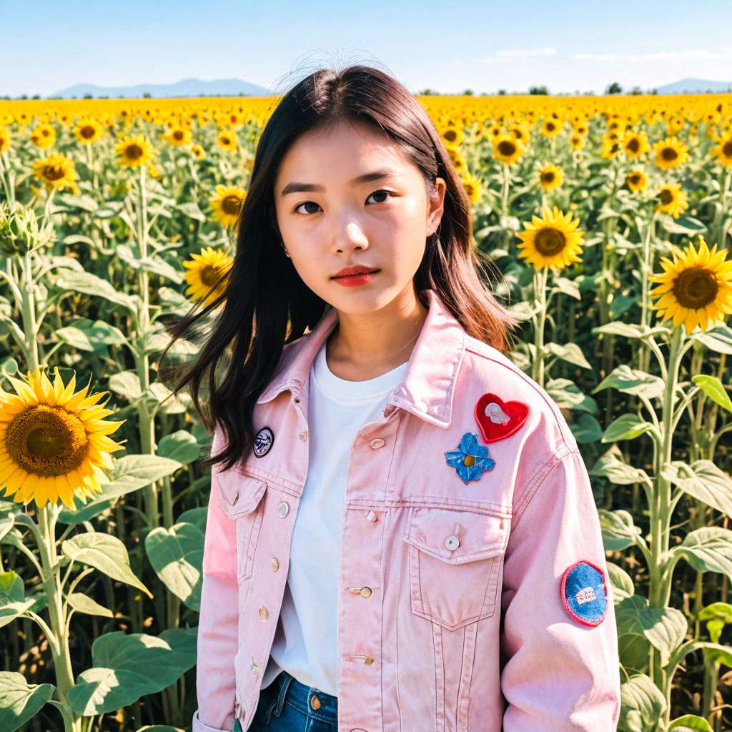 Confident Woman in Pink Denim Jacket in Sunflower Field