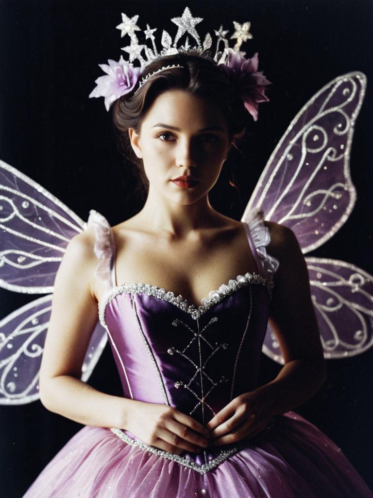 Woman in Sugar Plum Fairy Costume with Purple Wings and Star Crown