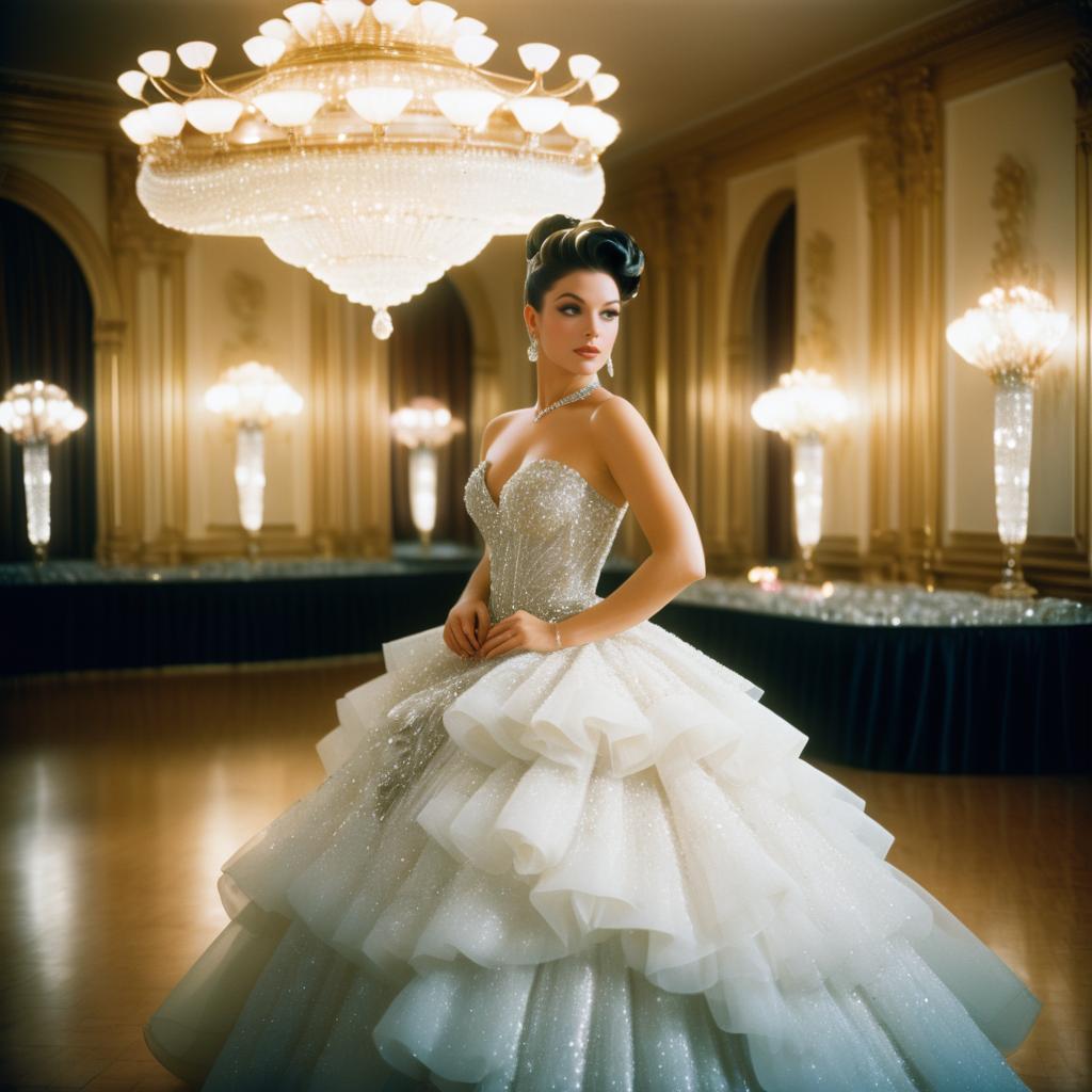 Elegant Woman in Sparkling White Gown Under Chandelier