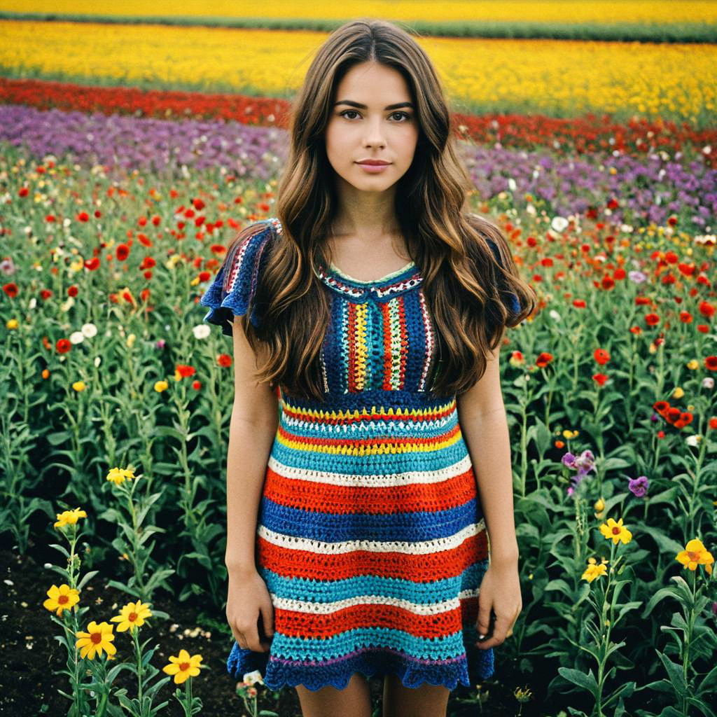 Young Woman in Colorful Crochet Dress in Flower Field