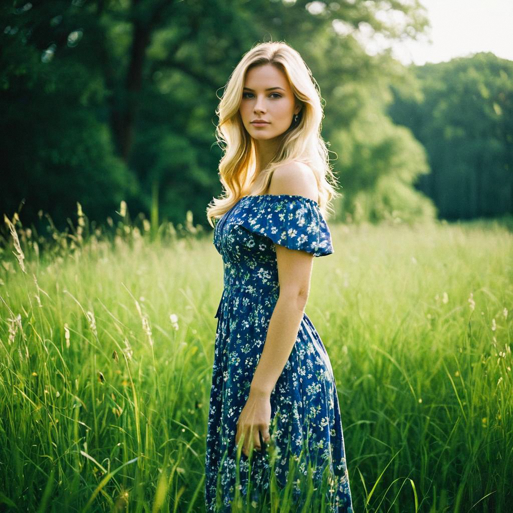 Young Woman in Floral Dress in Green Meadow Young Woman in Floral Dress in Green Meadow