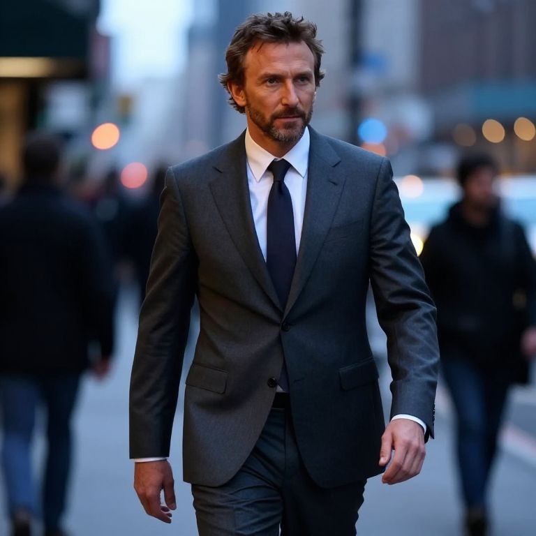 Man in Dark Grey Suit Walking on Urban Street at Twilight