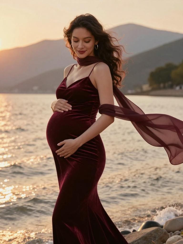 Pregnant Woman in Elegant Burgundy Velvet Dress by Lake at Sunset