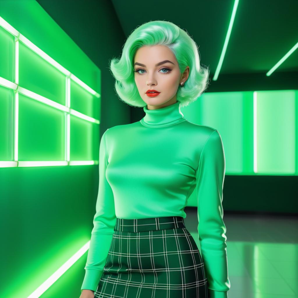 Retro Green Hair Woman in Neon Lights