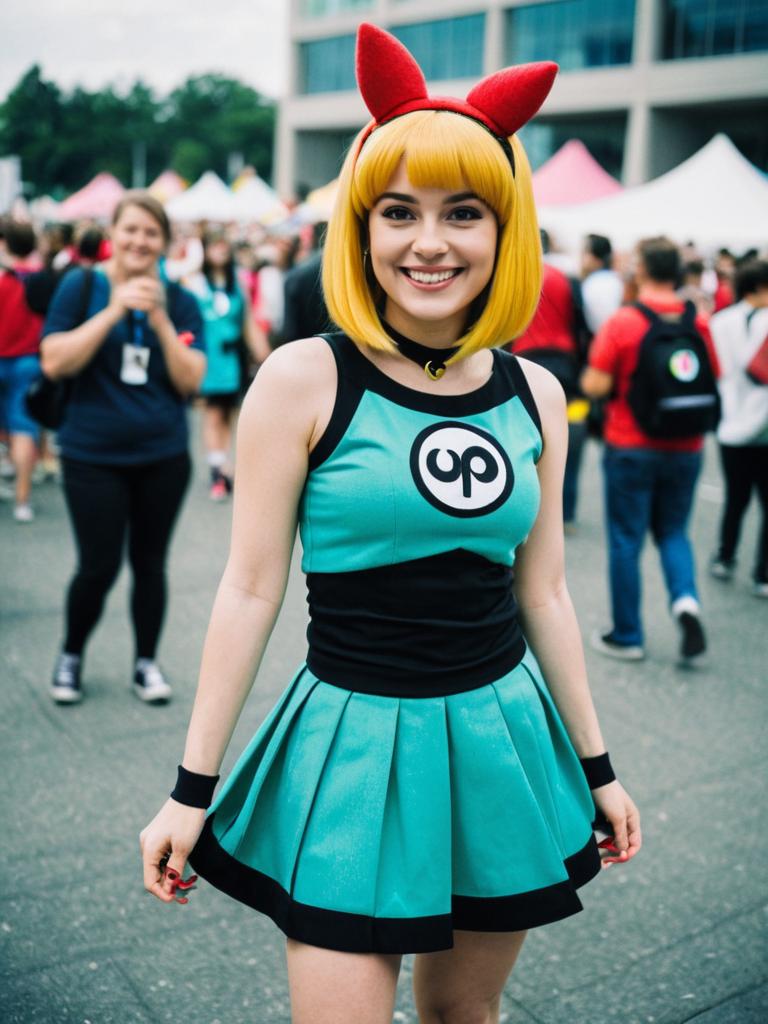 Smiling Woman in Retro Dress with Yellow Bob at Outdoor Event Smiling Woman in Retro Dress with Yellow Bob at Outdoor Event