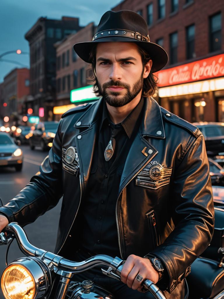 Stylish bearded man on motorcycle in black leather