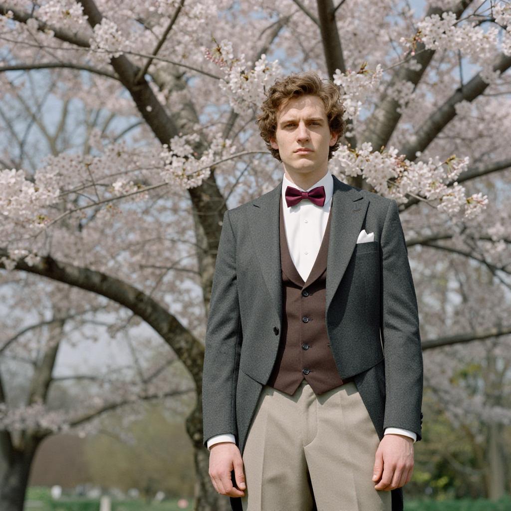 Young Man in Formal Suit Under Cherry Blossoms