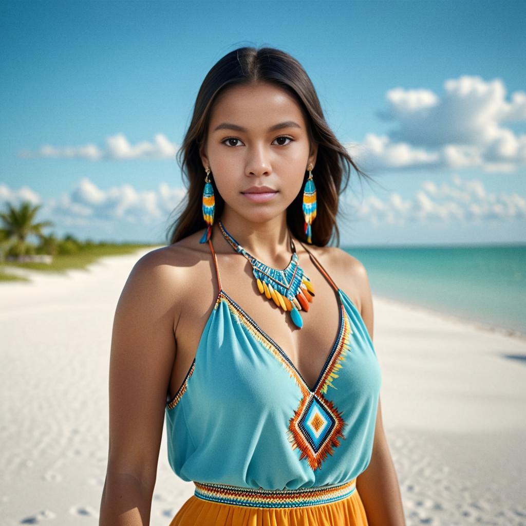 Woman in Tribal Jewelry on Tropical Beach