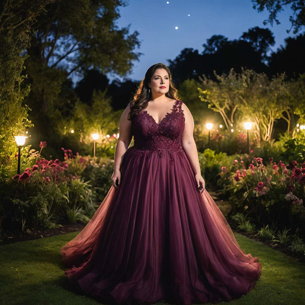 Elegant Woman in Burgundy Gown in Enchanted Garden