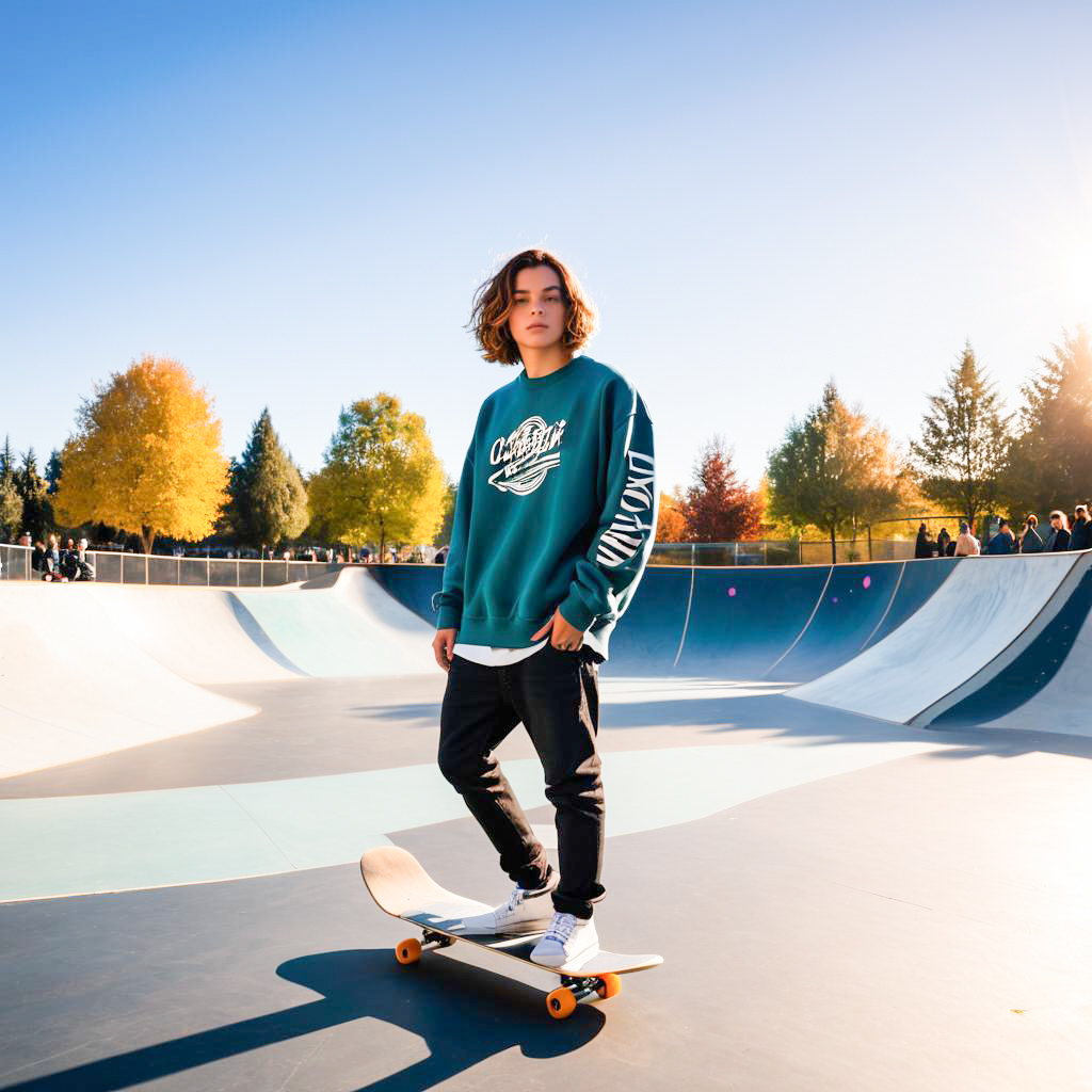 Young Man on Skateboard at Autumn Skate Park