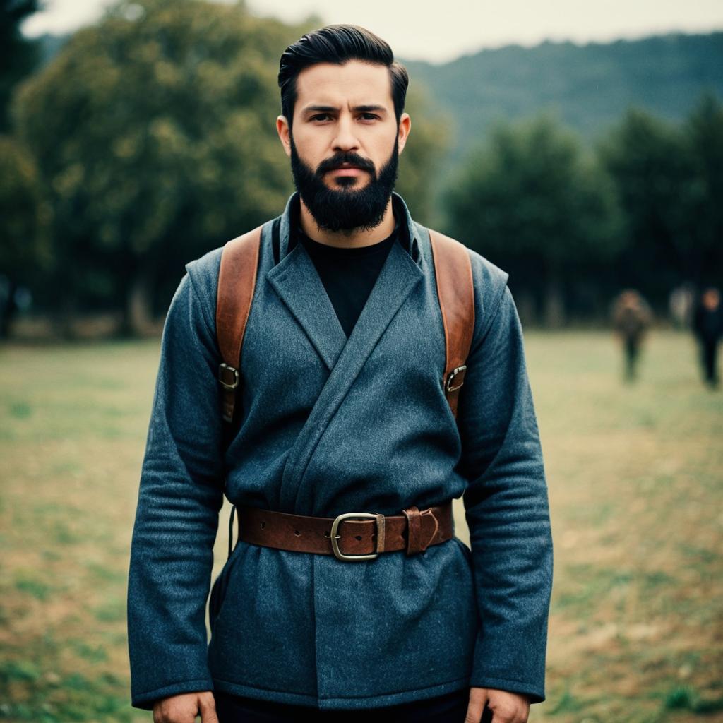 Bearded Man in Stylish Gray Costume with Leather Straps Outdoors
